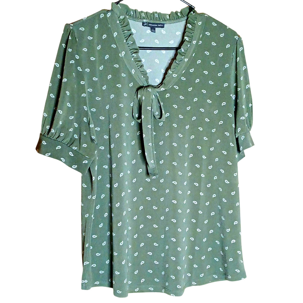 Adrianna Papell Green‎ Paisley Blouse Women’s Size L Tie Neck Office Work Top